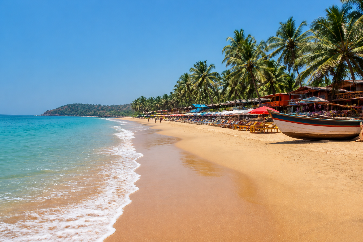 Goa beach with palm trees and coastal shacks